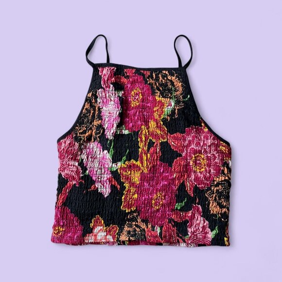 Xhilaration Pink & Black Floral Ruched Crop Tank – Size Small - Picture 1 of 8